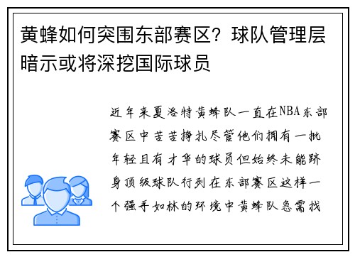 黄蜂如何突围东部赛区？球队管理层暗示或将深挖国际球员