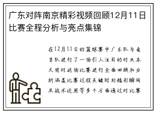 广东对阵南京精彩视频回顾12月11日比赛全程分析与亮点集锦